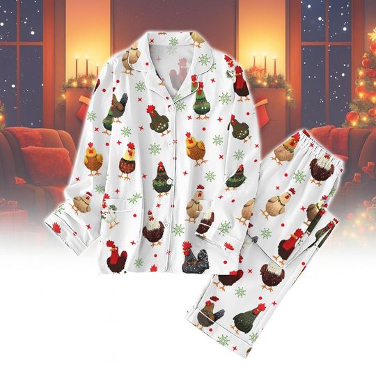 Chicken Santa Christmas Pajamas, Funny Hen Pajamas Set, Cute Farm Animal Holiday Sleepwear, Chicken Xmas Kid Pjs, Christmas Gift