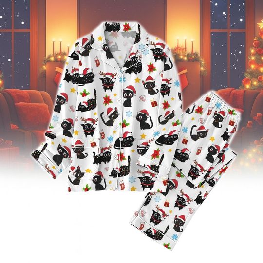 Discover Cute Black Cat Christmas Pajamas, Festive Cat Lover Sleepwear Set, Cozy Holiday Loungewear, Christmas Cat Kid Pajamas, Christmas Pjs