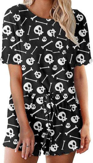 Discover Halloween Ruffle Long Sleeve Top and Shorts Pajama Set for Women