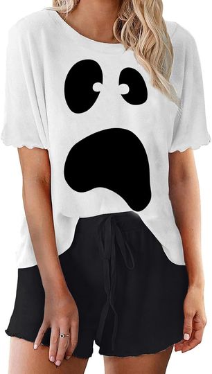 Halloween Ruffle Long Sleeve Top and Shorts Pajama Set for Women