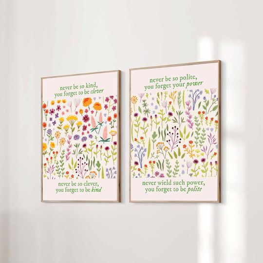 Discover Set of 2 Never Be So Kind You Forget To Be Clever Taylor Poster Marjorie Quote Lyrics Print Subtle Office Home Room Floral Digital Printable