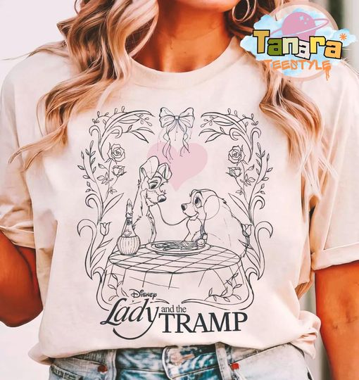 Discover Vintage Lady and the Tramp Coquette Bow T-Shirt, Disney Dog Lover Tee, Disneyland Matching Shirt, Magic Kingdom Holiday Trip Shirt
