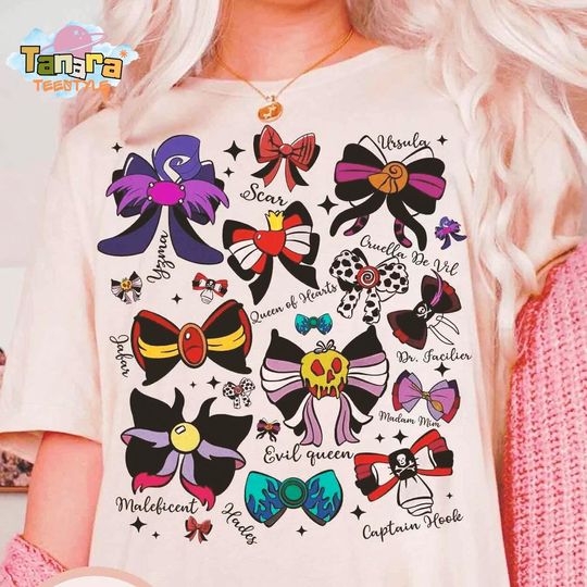 Discover Retro 90s Coquette Bows Watercolor Disney Villains T-Shirt, Magic Kingdom Disneyland Girl Trip, Ursula Maleficent Evil Queen
