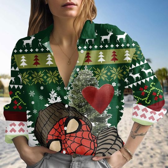 Discover Spider-Man Christmas Linen Look Blouse, Holiday Women’s Shirt, Funny Spiderman Xmas Top