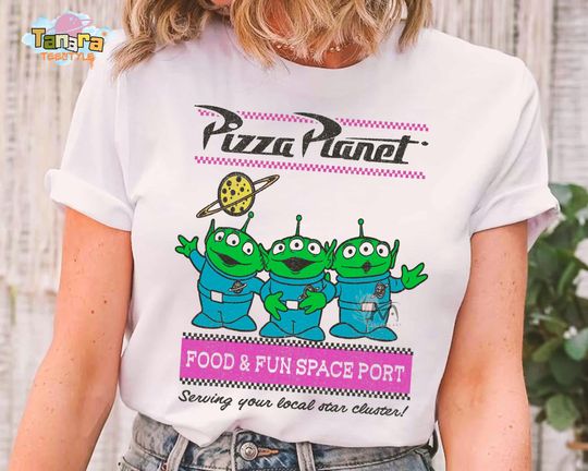 Discover Retro 90s Disney Aliens Pizza Planet T-Shirt, Pixar Toy Story Characters Shirt, WDW Magic Kingdom Disneyland Family Vacation Gift