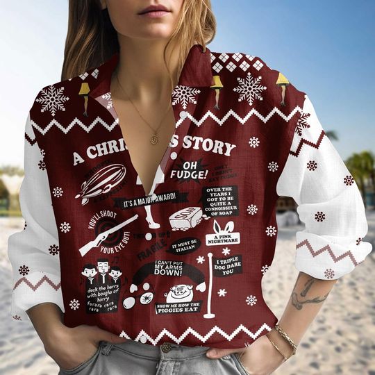 Discover A Christmas Story Linen-Look Shirt for Women, Holiday Blouse with Funny Quote
