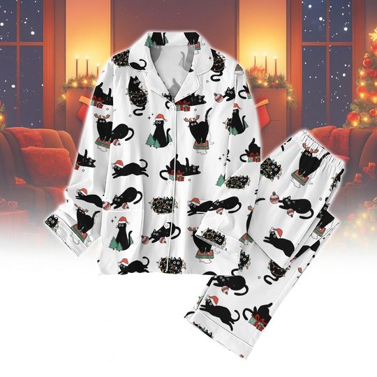 Discover Black Cat Christmas Pajamas Set, Cute Cat Lover Gift, Festive Holiday Sleepwear for Women, Funny Black Cat Xmas Pjs, Xmas Holiday Pjs