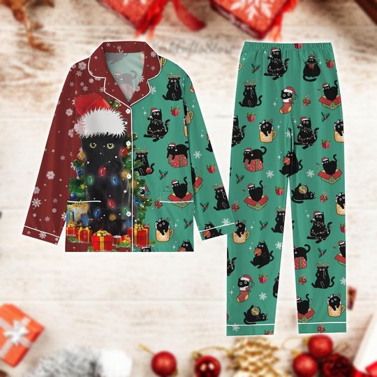 Discover Black Cat Christmas Pajamas Set, Cute Kitty in Santa Hat Sleepwear, Cozy Festive Holiday PJs, Funny Cat Xmas Holiday Pjs, Christmas Pjs