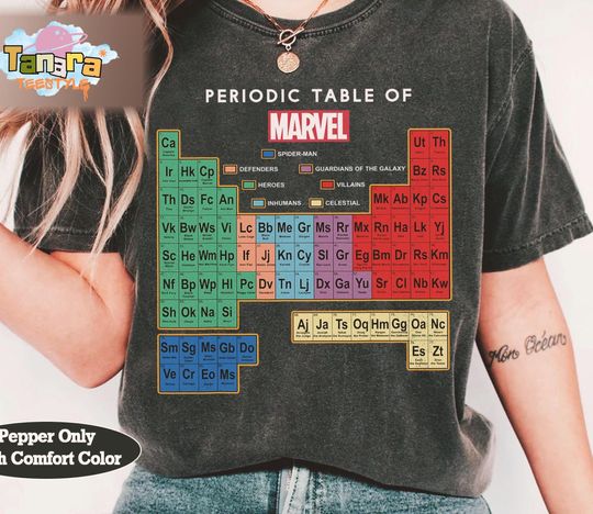 Discover Retro 90s Periodic Table of Marvel T-Shirt, Funny MCU Chemistry Design, Perfect for Marvel Fans, Vintage Superhero Tee, Science Nerd Gift