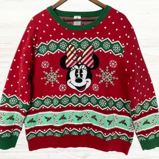 Discover Disney Minnie Mouse Sweater Womens 2XL Red Green Christmas Sequins Snowflakes