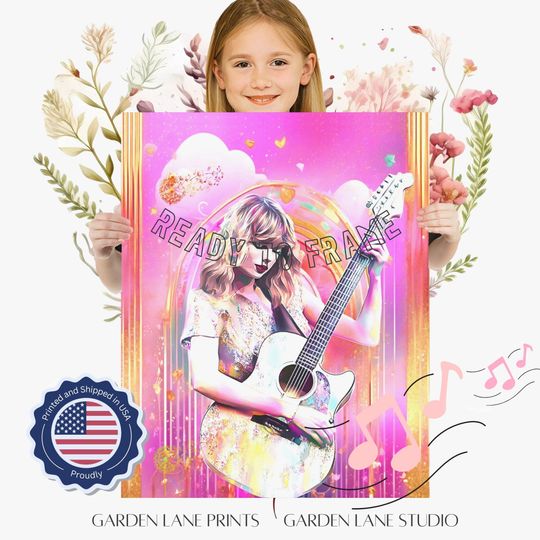 Discover Taylor Swyfte Electric Guitar Art Print: Vibrant Pink & Blue Music Rainbow Portrait