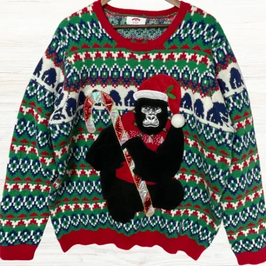 Gorilla 3D Ugly Christmas Sweater, Retro Holiday Knit with Jingle Bells