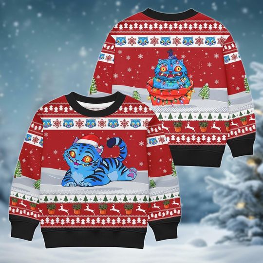 Discover Derpy Tiger Christmas Ugly Sweater, Merry Christmas Sweater, Cute Kawaii Gift, Family Sweater, Blue Tiger Xmas Sweater, Holiday Gift