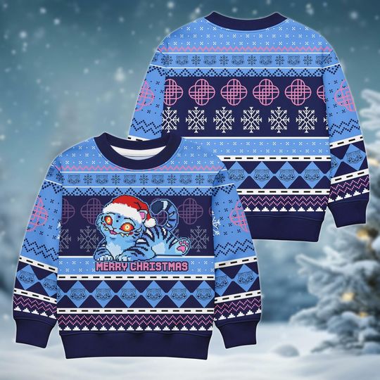 Derpy Tiger Christmas Ugly Sweater, Merry Christmas Sweater Kids, Cute Kawaii Gift, Family Sweater, Blue Tiger Holiday Sweater, Xmas Gift