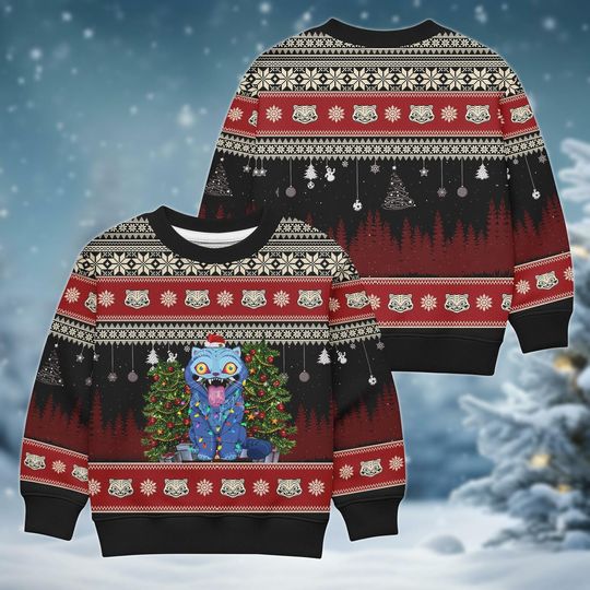 Cute Blue Tiger Christmas Ugly Sweater, Santa Tiger Sweater, Derpy Tiger Christmas Shirt, Holiday Sweater, Kawaii Kids Gift, Xmas Gift