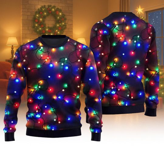 Discover Christmas Lights Neon Ugly Sweater, Festive LED Look Holiday Sweatshirt, Funny Xmas Party Sweater, Colorful Glow Christmas Outfit