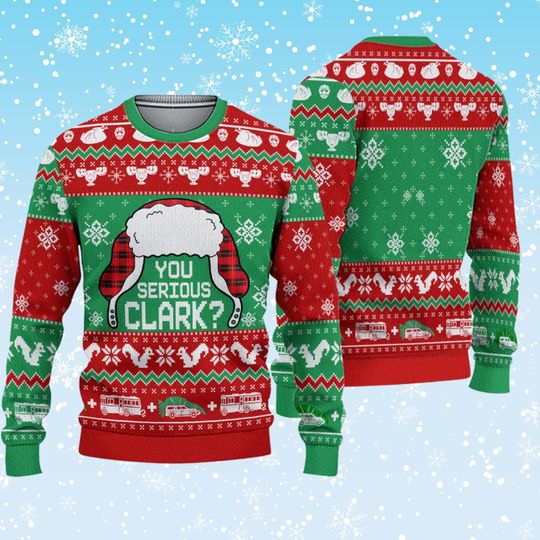 You Serious Clark Ugly Christmas Sweater, Christmas Vacation Inspired Red Green Knit, Plaid Trapper Hat Graphic, Funny Unisex Holiday Jumper