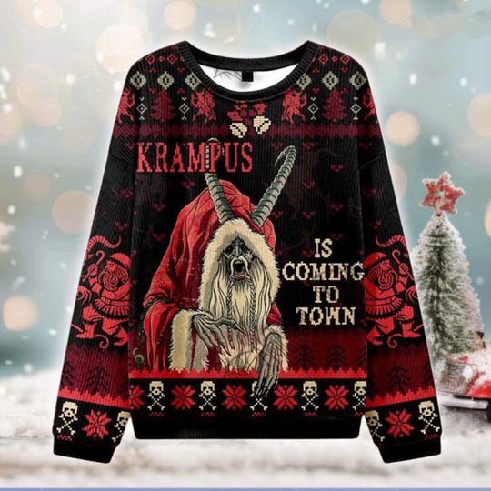 Discover Krampus Is Coming To Town Ugly Christmas Sweater, Scary Gothic Holiday Sweatshirt, Horror Santa Xmas Jumper, Funny Creepy Christmas Gift