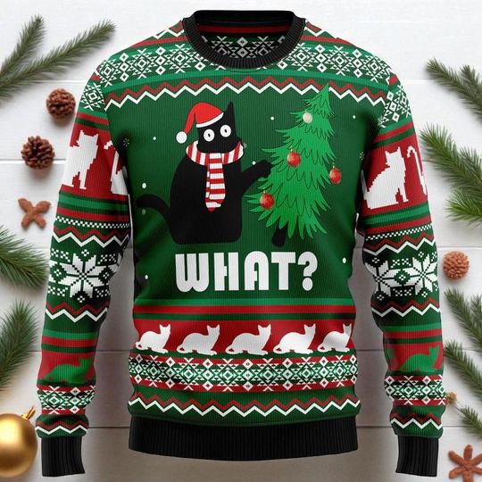 Funny Black Cat What Christmas Ugly Sweater, Cute Cat Lover Holiday Ugly Sweater, Funny Xmas Gift for Men and Women, Christmas Outfit