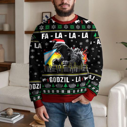 Funny god zilla Christmas Ugly Sweater for Men Women, Funny Fa La La Holiday Sweatshirt, Monster Movie Ugly Christmas Gift Jumper Shirt
