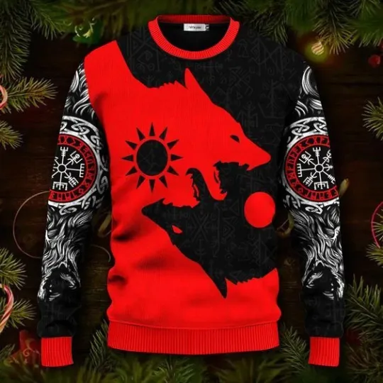 Discover Red Wolf Black Wolf Viking Ugly Christmas Sweater