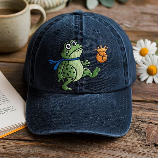 Portland Frog Embroidered Washed Denim Baseball Cap - No Kings in America, Political Meme, Patriotic, Anti-Trump Protest