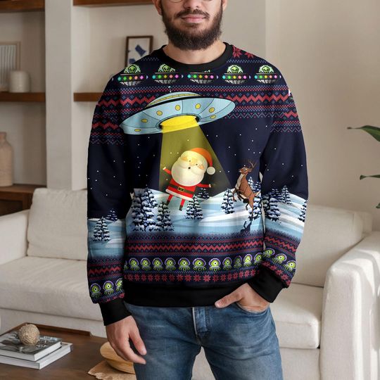 Discover Funny Alien Abduction Santa Christmas Ugly Sweater for Men Women, UFO Ugly Xmas Holiday Sweatshirt, Holiday Party Outfit Winter Gift