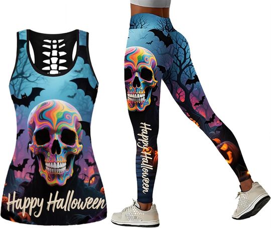 Discover Women’s Sugar Skull Yoga Outfits for Women 2 Piece Sets, Fall Tank Tops Leggings Workout Activewear for Girls