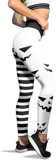 JIFRE Nudee Pumpkin Head Stripes Print Slim High Waist Halloween Leggings for Women