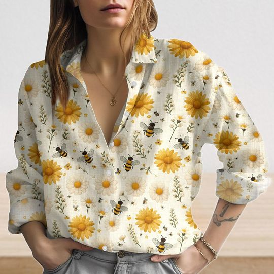 Discover Bee Sunflower Linen-Look Shirt, Botanical Flowers Women Shirts, Nature Love Women Blouses Shirt, Floral Flower Shirt, Summer Vibes Gift