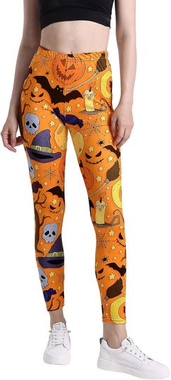 Halloween Pumpkin Ghost Skull Printed High Waist Leggings for Women