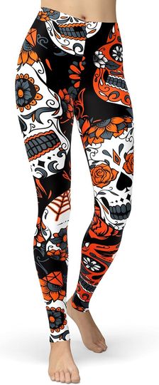 Sissycos Women's Sugar Skull Leggings Rose Flower Print Stretchy