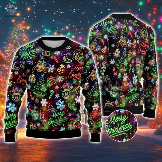 Discover Mickey and Friends Bright Neon Lighting Ugly Christmas Sweater, Mickeys Very Merry Christmas Party, Disneyland Mickey Ugly Sweater