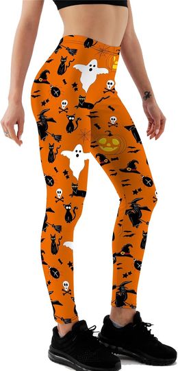 Discover Halloween High-Waisted Yoga Pants Elastic Close-Fitting Women's Leggings with Ghost Pumpkin Patterns
