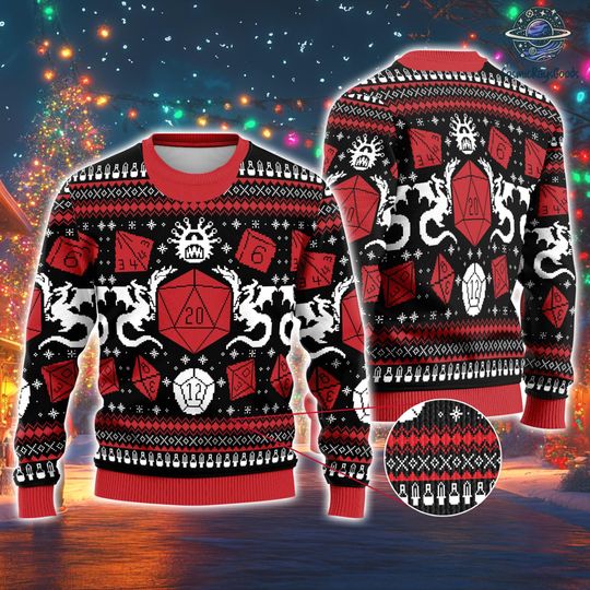 Dungeons and Dragons Christmas Party Sweater, Christmas Sweater For DnD Fans, Polyhedral Dice Xmas Sweater, Dungeon Master Sweater