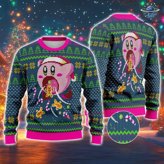 Merry Kirby Christmas Sweater, Kirby Ugly Christmas Sweater, Christmas Party 2025, Gifts For Fan Pink Kirby Ugly Sweater