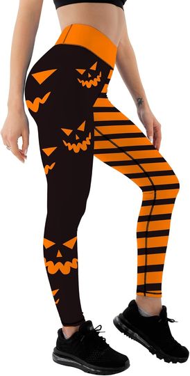 JIFRE Nudee Pumpkin Head Stripes Print Slim High Waist Halloween Leggings for Women Halloween Party Yoga Workout