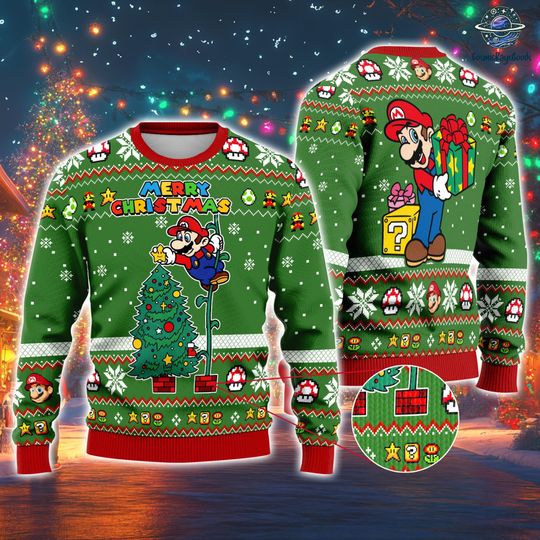 Discover Super Mario Merry Christmas Sweatshirt, Mario Christmas Tree Ugly Sweater, Mario Bros Xmas Shirt, Gift for Gamers
