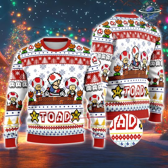 Toad Mario Ugly Christmas Sweater, Super Mario Toad Sweatshirt, Mario Gaming Christmas Gift, Gift for Him