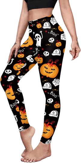 Halloween Pumpkin Spider Web Print Stretch Leggings