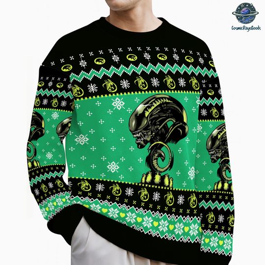 Xenomorph Alien Ugly Christmas Sweater, Green Alien Ugly Sweatshirt, Horror Sci Fi Movie Monster Sweater, Christmas Family Matching Shirt