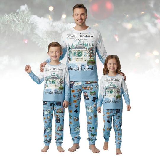 Stars Hollow Long Sleeve Pajama Set with Luke Diner Christmas Print, Winter Festival Family Pajamas