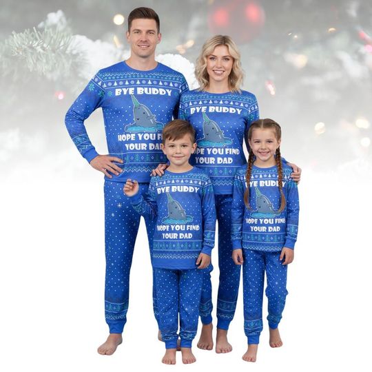 Elf Narwhal Long Sleeve Pajama Set, Christmas Family Pajamas, Blue Winter Matching Sleepwear