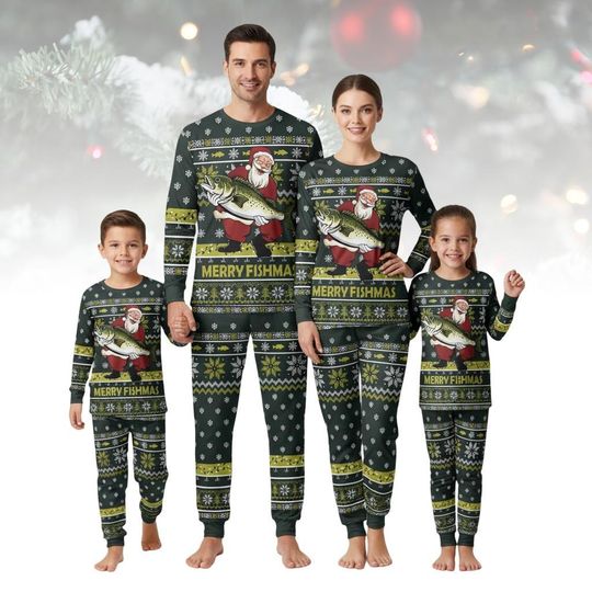 Merry Fishmas Long Sleeve Pajamas Set, Santa Fishing Christmas Pajamas