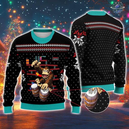 Donkey Kong Ugly Christmas Sweatshirt | Donkey Kong Super Mario Ugly Sweater | Mario Bros Video Game Ugly Xmas Sweatshirt