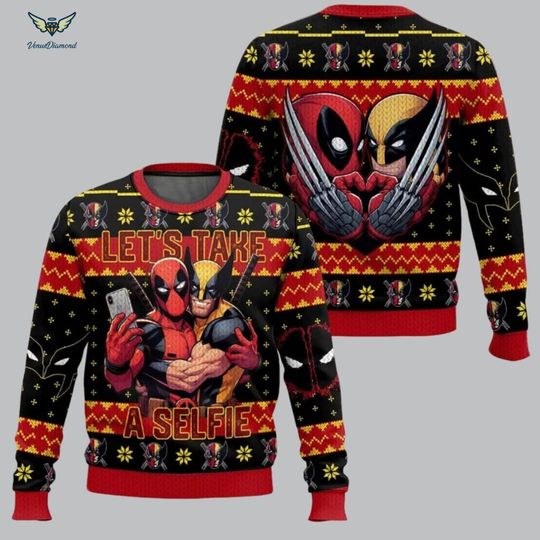Deadpool and Wolverine Lets Take A Selfie Ugly Christmas Sweater, Deadpool and Wolverine, Superhero Christmas, Besties Christmas Sweater