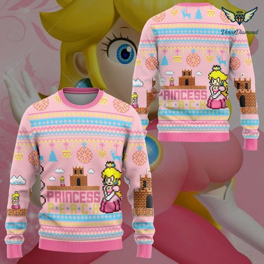 Super Mario Peach Ugly Sweatshirt | Super Mario Ugly Christmas Sweater | Princess Peach Video Game Xmas Sweatshirt