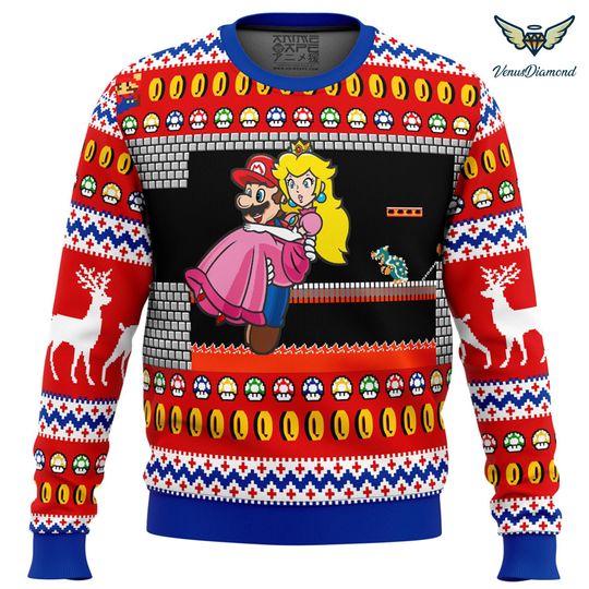 Mario Bowser's Castle Ugly Christmas Sweater, Mario Princess Peach Ugly Sweater, Mario Bros Video Game Ugly Xmas Sweater, Ugly Xmas Sweater