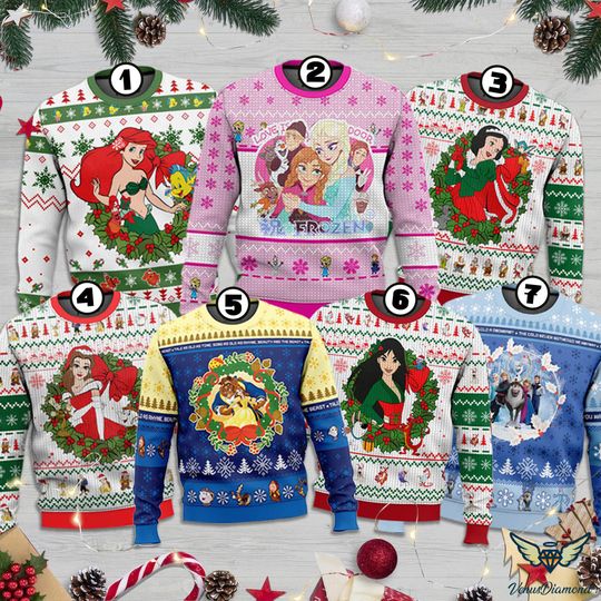 Discover Princess Ugly Christmas Sweater, Disneyland Princess Christmas Sweatshirt, Princess Xmas Party, Anna Elsa Snow White Cinde Ariel