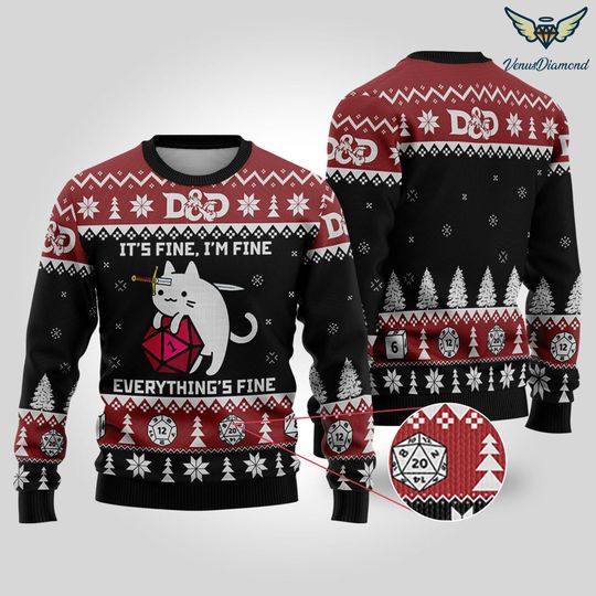 Christmas Gift, Dungeons And Dragon Sweater, DnD Ugly Christmas Sweater, Dice Sweater, DnD Cat Xmas Sweater, It's Fine I'm Fine Sweater